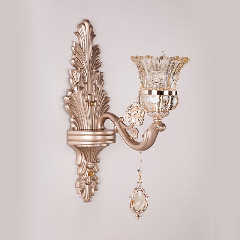 1/2 Köpfe Glockenwandbeleuchtung mit klarem Glasschatten und Kristalldekoration Vintage Gold Finish Leuchte Leuchte