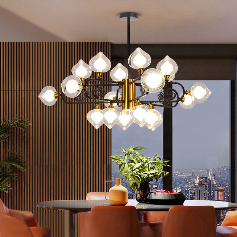 Black-Gold Peach Shaped Chandelier Postmodern 18-Bulb Clear and Frosted Glass  Pendant