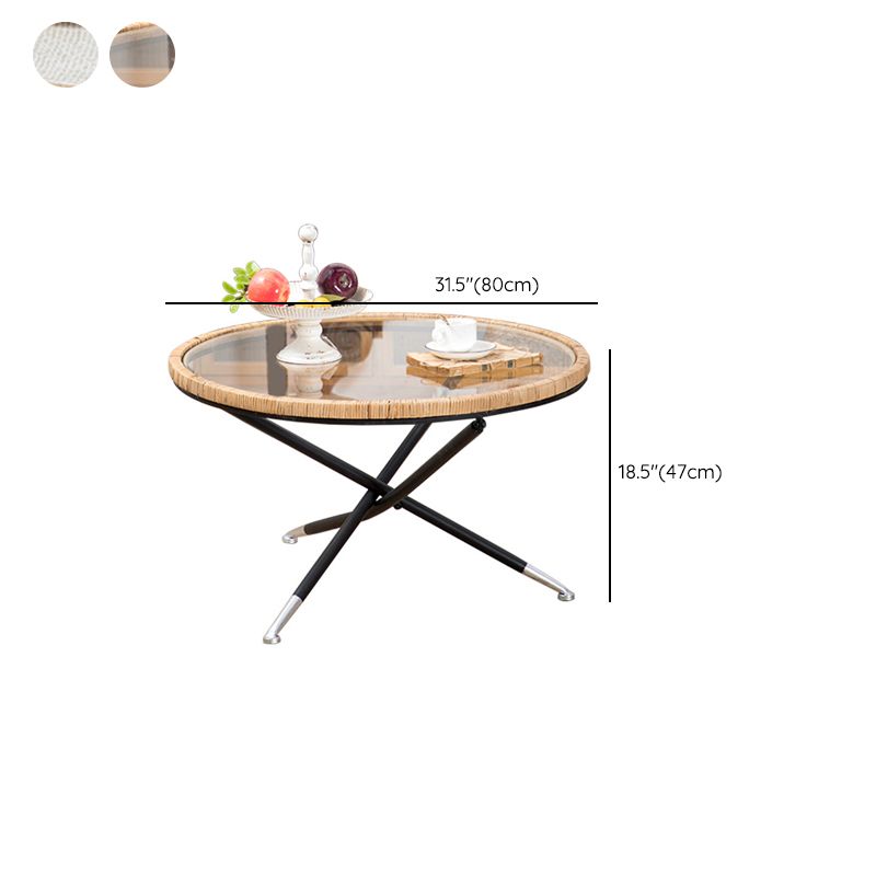 Cross Legs Round Glass Coffee Cocktail Table with Rattan Accent