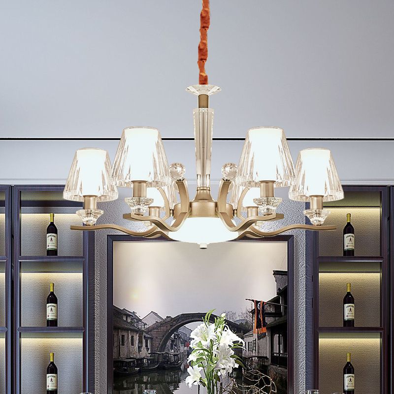 Klarer Kristallglaskegel Hanglampe Kit Moderne 6 Glühbirnen Schlafzimmer Kronleuchter in Gold