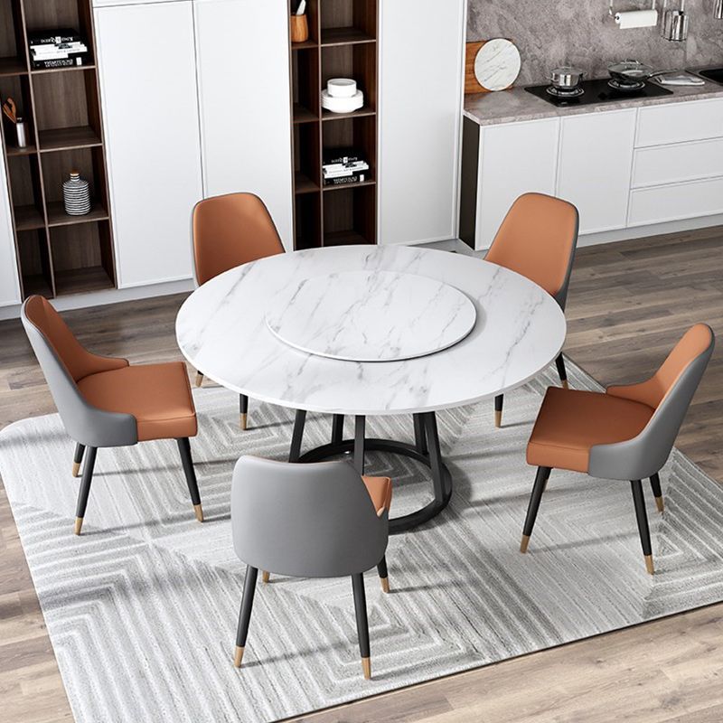 Round Black Iron Base Dining Table Modern Stone Pedestal Table