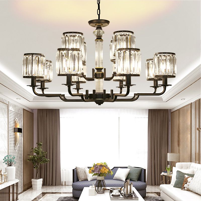 Black Finish Pendant Lamp Minimalist Crystal Cylinder Hanging Chandelier for Bedroom
