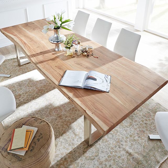 Rectangle Wood Color Dining Table Solid Wood Table Glam Style with Double Pedestal