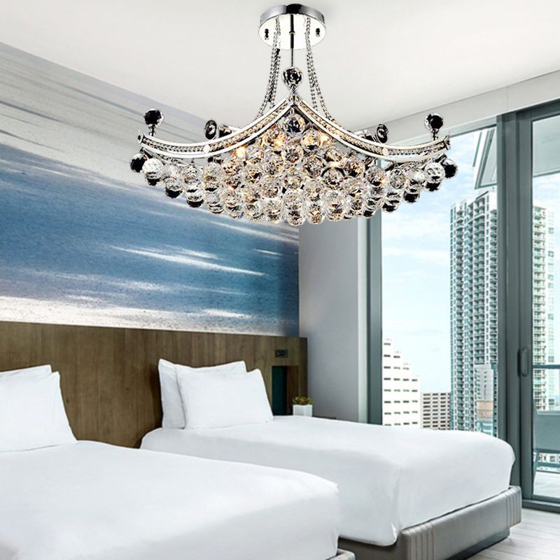 Chrome 6 Lights Semi Flush Light Modern Crystal Boat Shaped Semi-Flush Mount Ceiling Fixture