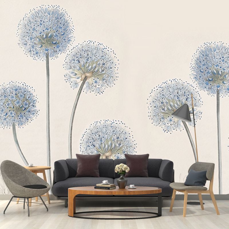 Big Illustration Style Dandelion Mural for Living Room in Grey and Orange, Personalized Size Available