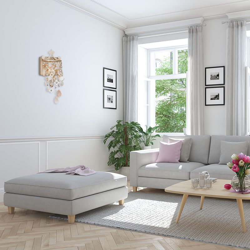 Linear Wall Mount Lamp Modern Style Shell and Crystal 1/3-Light Sconce Light Fixture with Pearl Deco in Gold