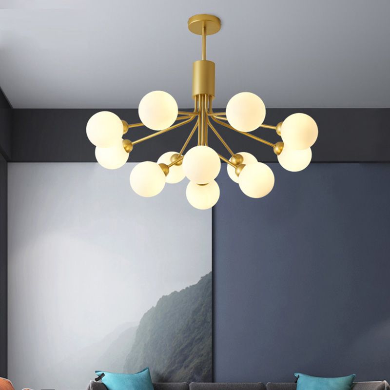 Moderno lampadario artistico a bordo in globe lampadina in ferro laccata con tonalità di vetro bianco