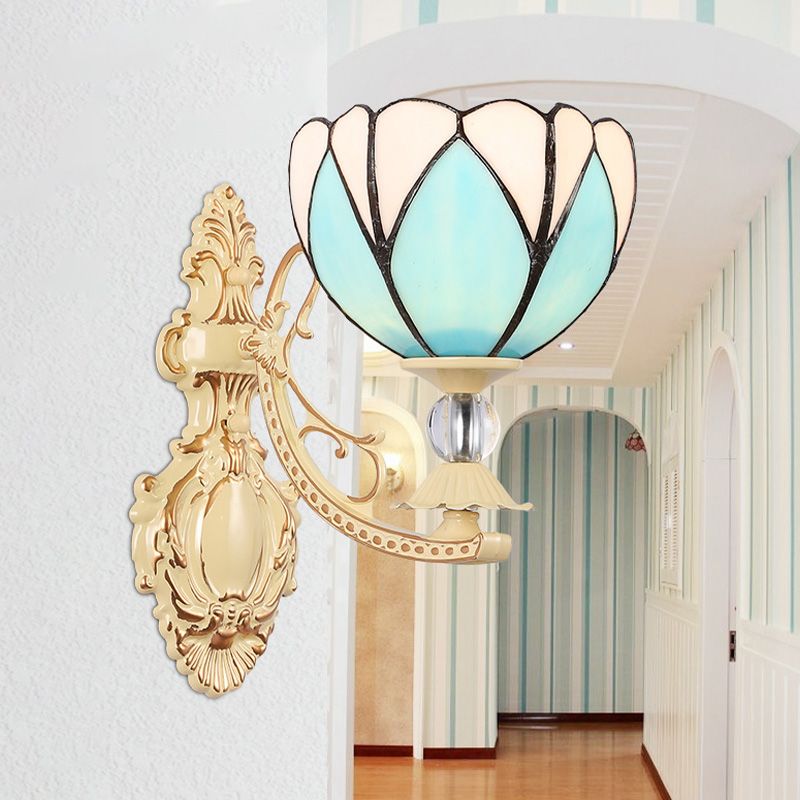 Tiffany Blossom Wall Mount Lighting 1 Light Hand Cut Glass Sconce Light Fixture in White/Orange/Pink for Corridor