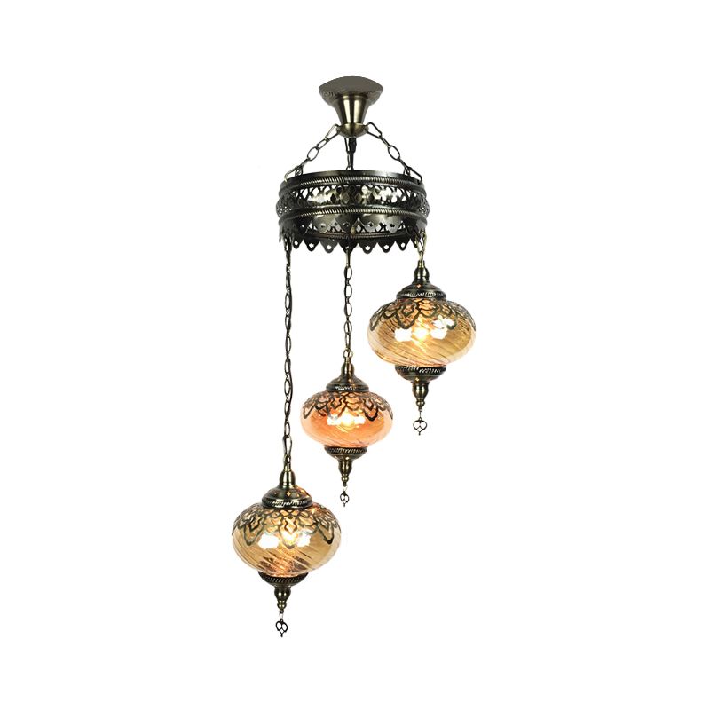3/5 Heads Amber Swirl Glass Pendant Light Traditional Bronze Oval Living Room Hanging Chandelier
