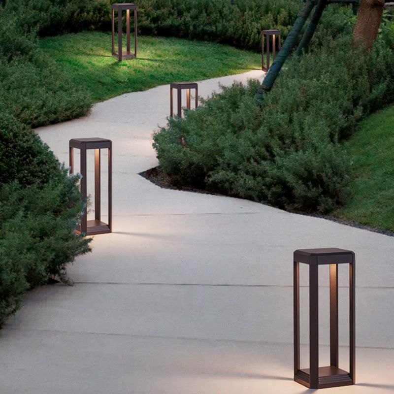 Contemporary Metal Pillar Lamp Geometric Shape Outdoor Waterproof Light in Black Finish