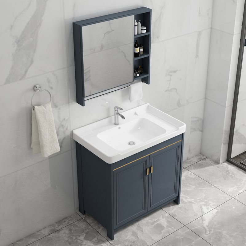 Freestanding Bath Vanity Blue Rectangle Mirror 2 Doors Bathroom Vanity with Single Sink