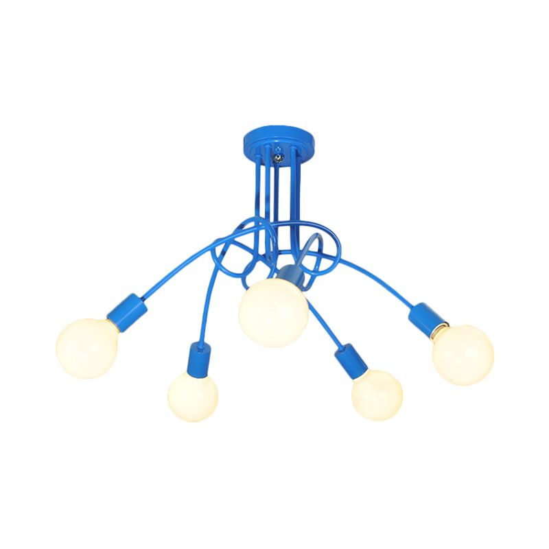 Curved Arm Semi Flush Lighting Contemporary Metal 3/5 Lights Blue/Red Semi Flush Ceiling Lamp Fixture