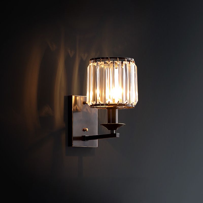 Simplicity Cylinder Wall Lamp Fixture 1-Bulb Prismatic Crystal Sconce Lighting in Black