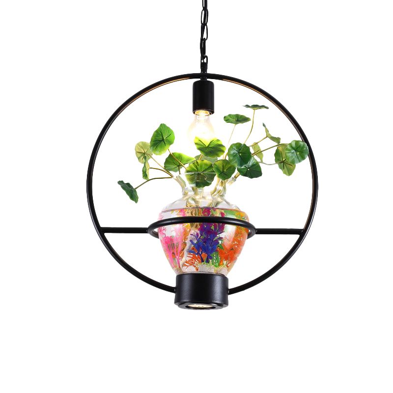 Black Round/Square Frame Hanging Lamp Factory Metallic 1 Head Dining Room Pendant Lighting Fixture with Urn Plant Pot