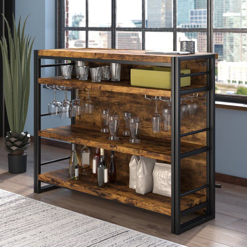 Industrial Style Bar Table Rectangle Wood Bar Table with Shelves for Dining Room
