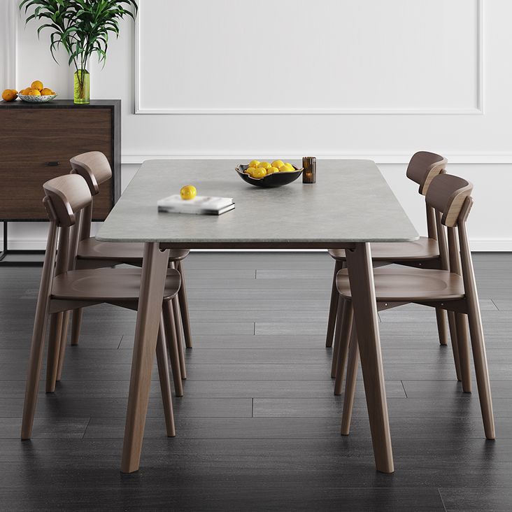 Mesa de comedor moderna de mediados de siglo, mesa de comedor rectangular de piedra sinterizada con base de madera