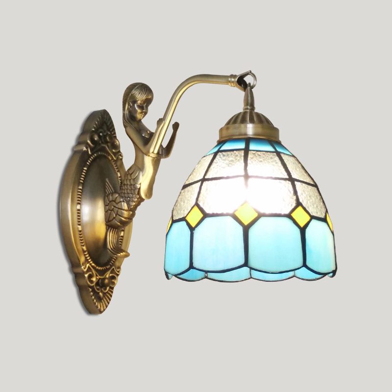 Bell Shade Wall Mount Light Stained Glass Vintage Wall Light Fixture with Mermaid Decor