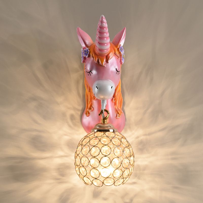 Cartoon Unicorn Wall Mount Light Resin Bedside Wall Lighting with Hollowed out Globe Shade