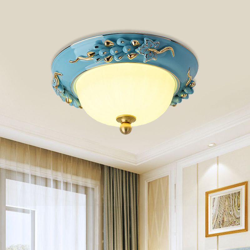 12"/14" Wide LED Dome Ceiling Mounted Light Farmhouse Yellow/Blue Frosted Glass Flush Lamp with Grape Ceramics Deco