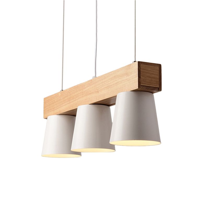 Conical Frustum Island Pendant Light Nordic Metal 3-Head Dining Table Suspension Lamp in White with Wood Beam