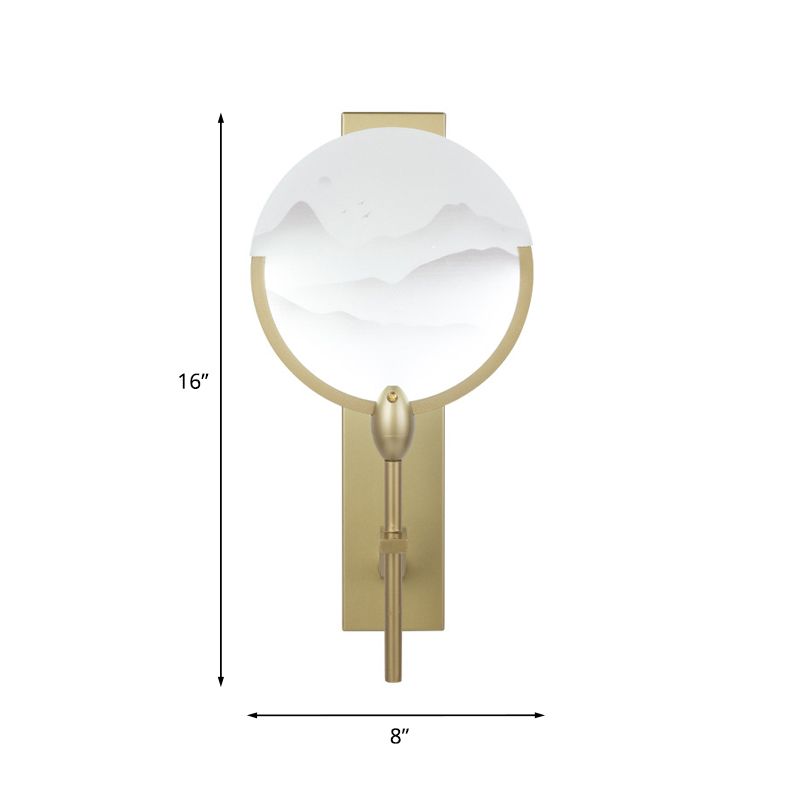 Chinese Round Fan Mural Light Acrylic Bedside LED Wall Mounted Light Fixture in Gold