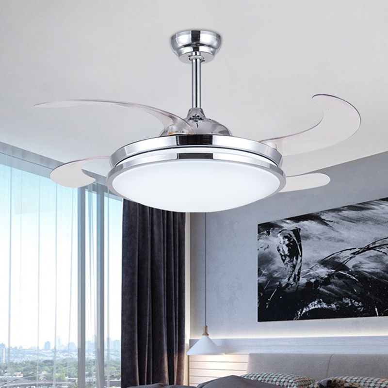 36 "breites LED -Acryllüfterbeleuchtung Modernist Silver Circle Wohnzimmer Semi -Flush Deckenleuchte mit 4 Klingen, Fern-/Wandsteuerung/Fernbedienung und Wandsteuerung