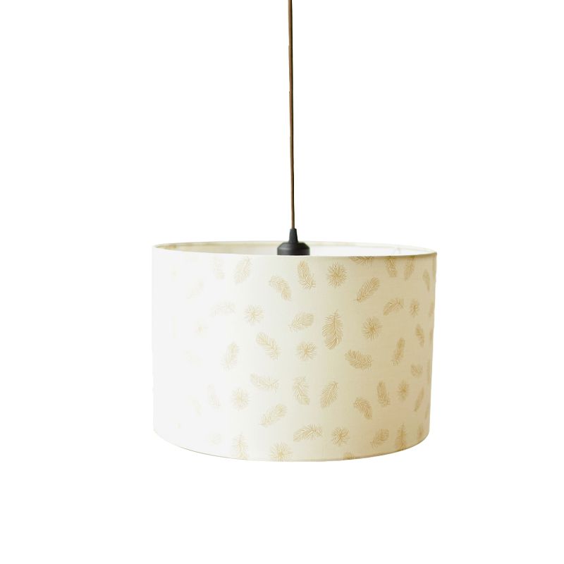Print Fabric Drum Pendant Light Fixture Nordic 1-Light White Suspension Lighting with Feather/Bird/Tree Pattern