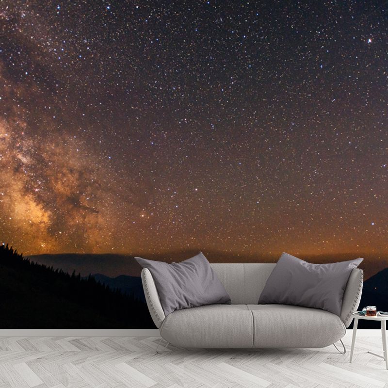 Whole Night Mountain Stargazing Mural Bedroom Starry Sky Wall Covering in Yellow-Black, Size Optional