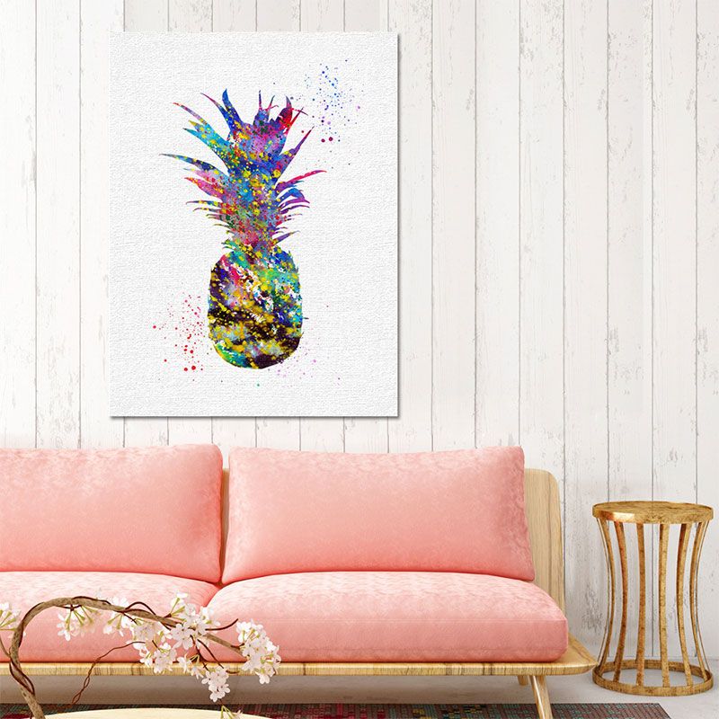 Tropical Pineapple Watercolor Canvas Blue Textured Wall Art Print for Living Room