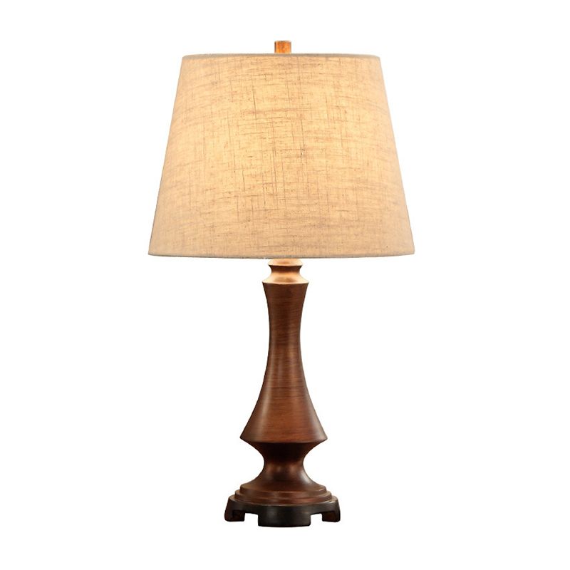 1 Head Fabric Desk Lighting Countryside Black/Brown Conical Bedroom Night Light with Slender Base