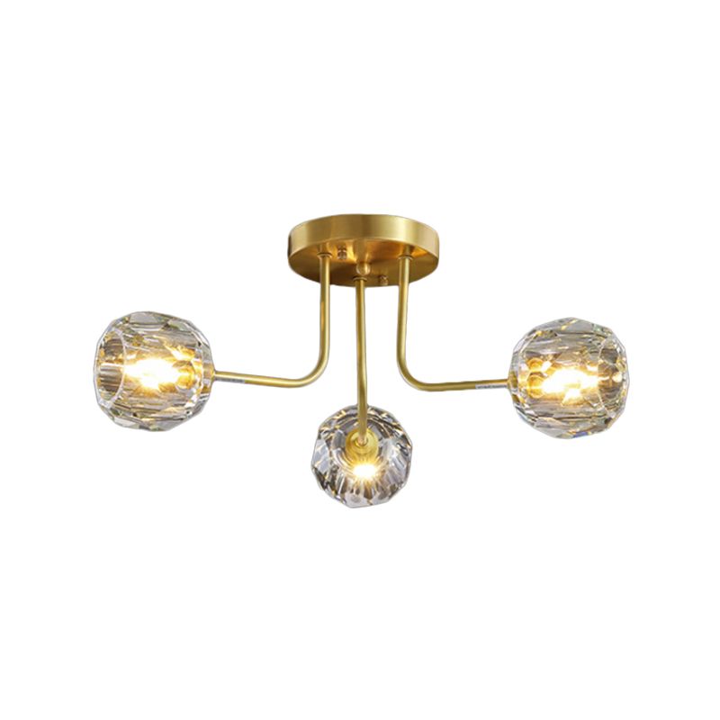Moderne Ball Semi Flush Light 3/5-Light Clear Crystal Deckenbeleuchtung in Gold mit Sputnik-Design