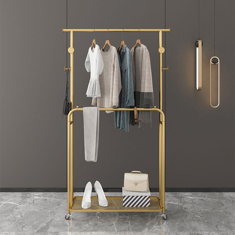 Luxurious Metallic Coat Hanger Free Standing Hooks Design Coat Rack with Universal Wheel