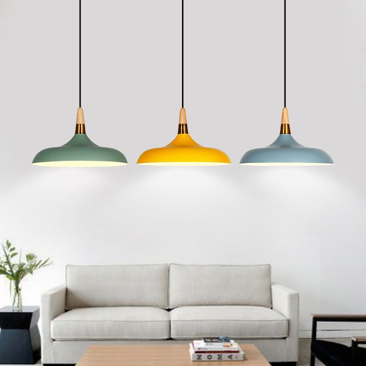 Macarons Industrial  Barn Shade Pendant Light Metal 1-Light Restaurant Pendant Lighting with Wooden Top