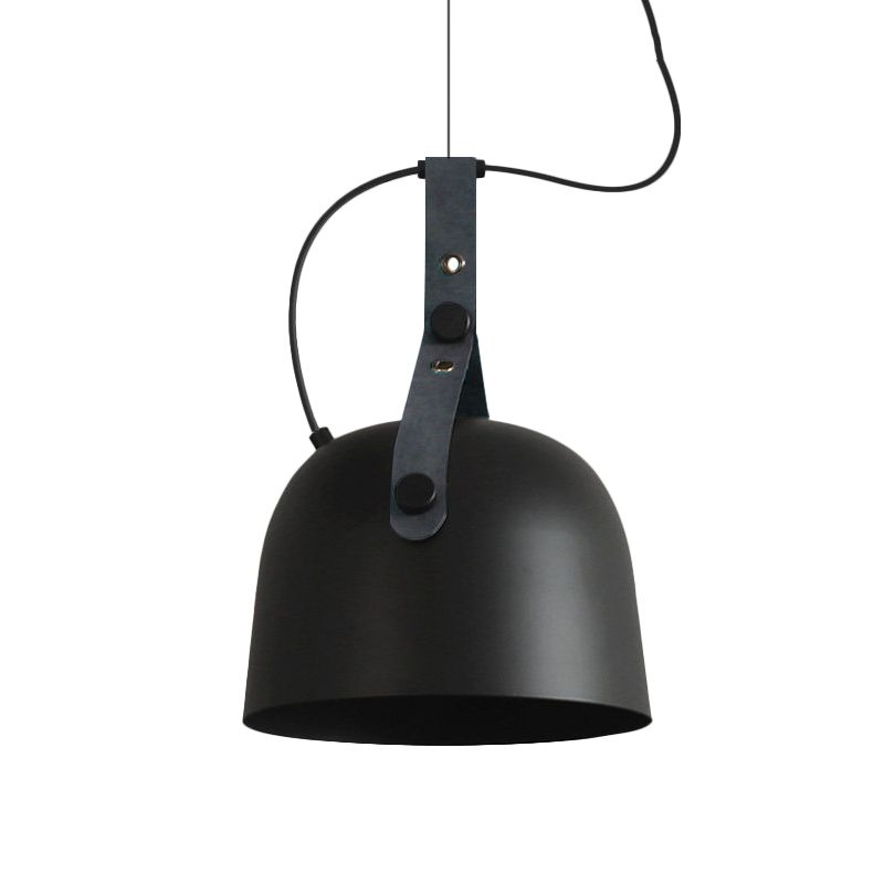 Iron Bowled Pendant Lamp Warehouse 1 Bulb Living Room Ceiling Light in Black/Copper/Silver with Leather Strap
