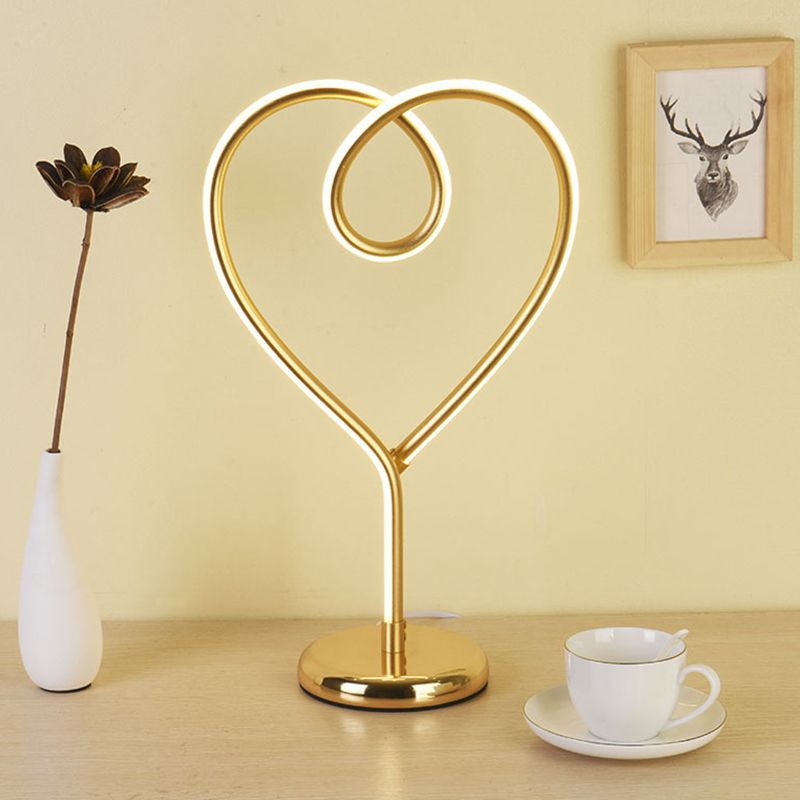 Loving Heart Night Lighting Simple Metal White/Gold LED Desk Lamp with Round Pedestal in Warm/White Light for Bedroom