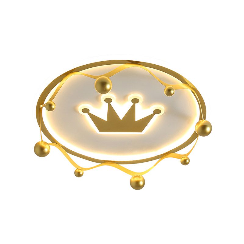 Gold Crown Flush-Mount Light Fixture Cartoon Acrylic LED Ceiling Lighting with Ball Finial, Warm/White Light