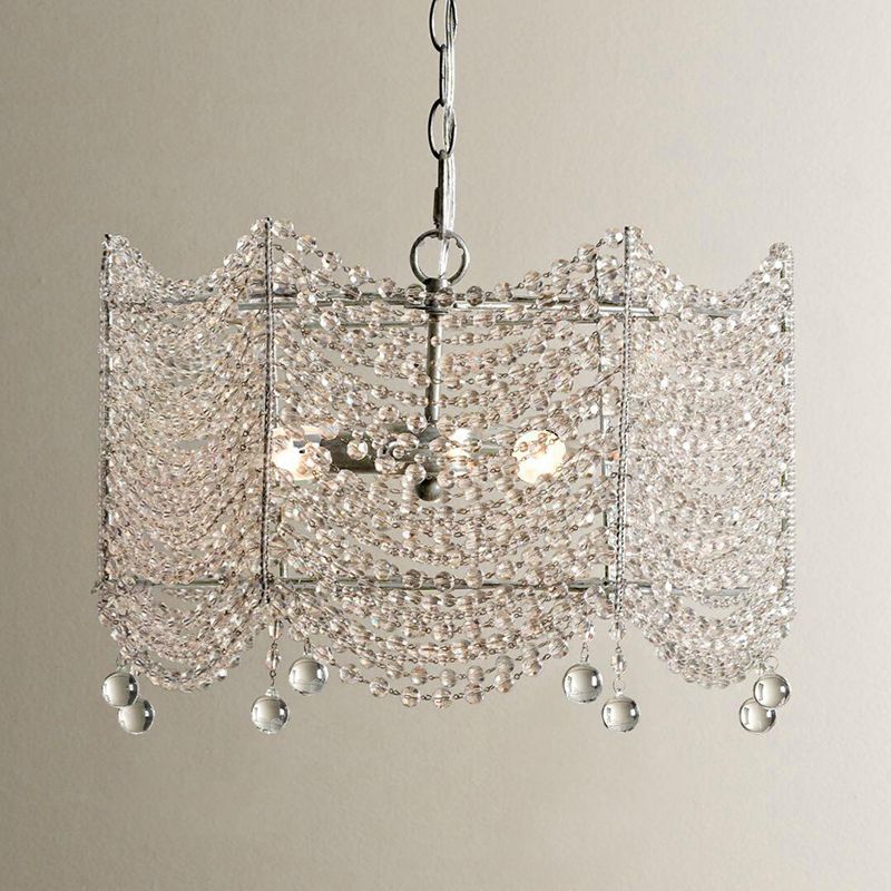 Retro Style Scalloped Suspension Light 3 Bulbs Crystal Bead Chandelier Light in Silver