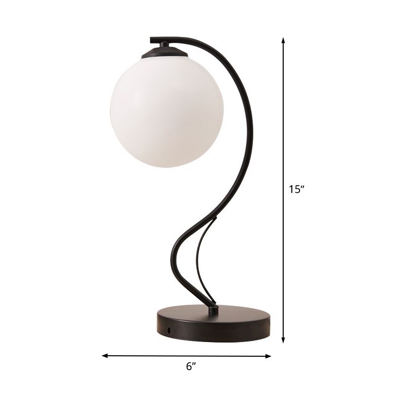 White Glass Ball Task Lamp Modernist 1 Head Black Reading Book Light with Curved Metal Arm