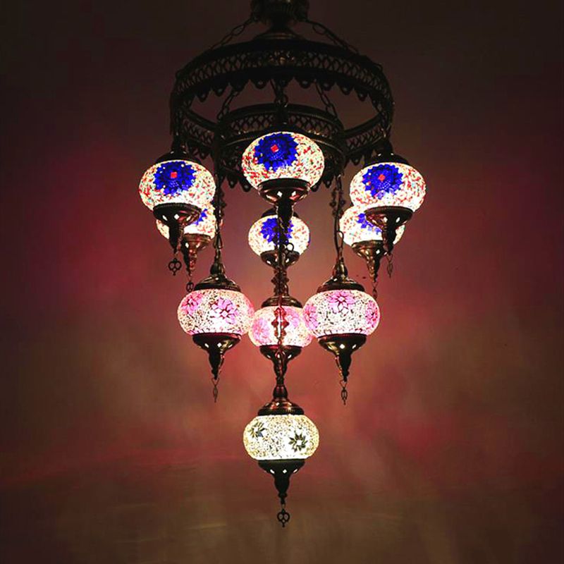 10 Heads Oval Hanging Light Fixture Traditional Red/Pink/Yellow Multicolored Stained Glass Chandelier Lamp