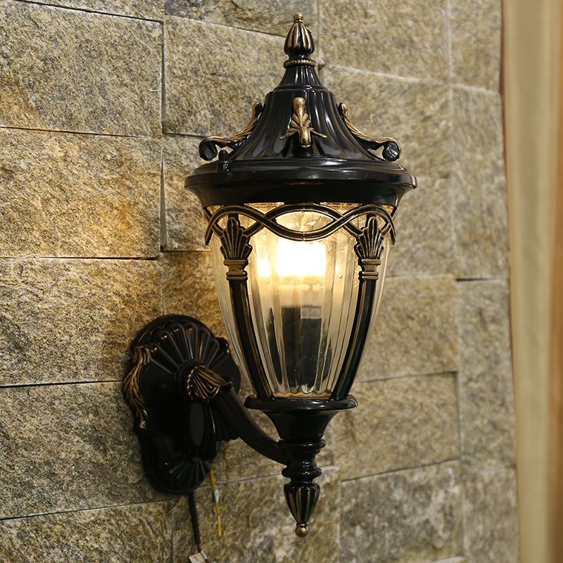 1 Bulb Urn Wall Sconce Light Loft Brass/Black Metal Wall Lamp Fixture with Clear Ribbed Glass Shade