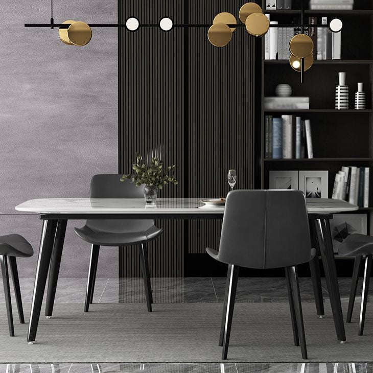 Contemporary Style Marble Dining Set with White Table and 4 Black Legs Base for Home Use