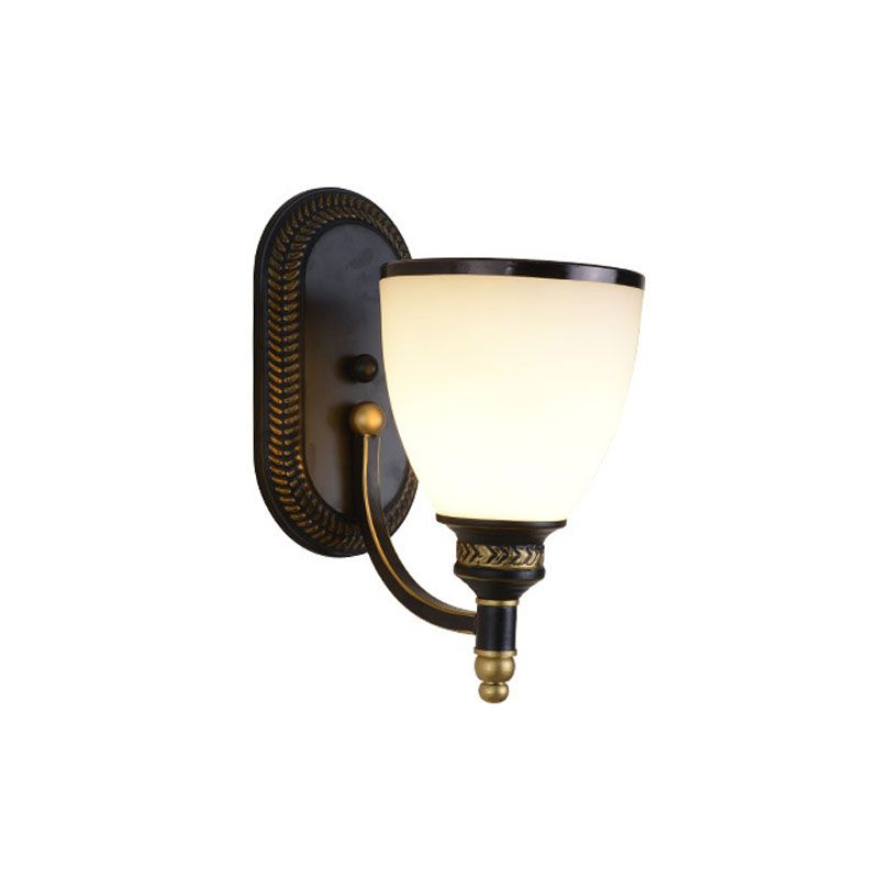 Metal Dome Wall Light Sconce Vintage Style 1/2-Head Living Room Wall Lamp with White Glass in Black