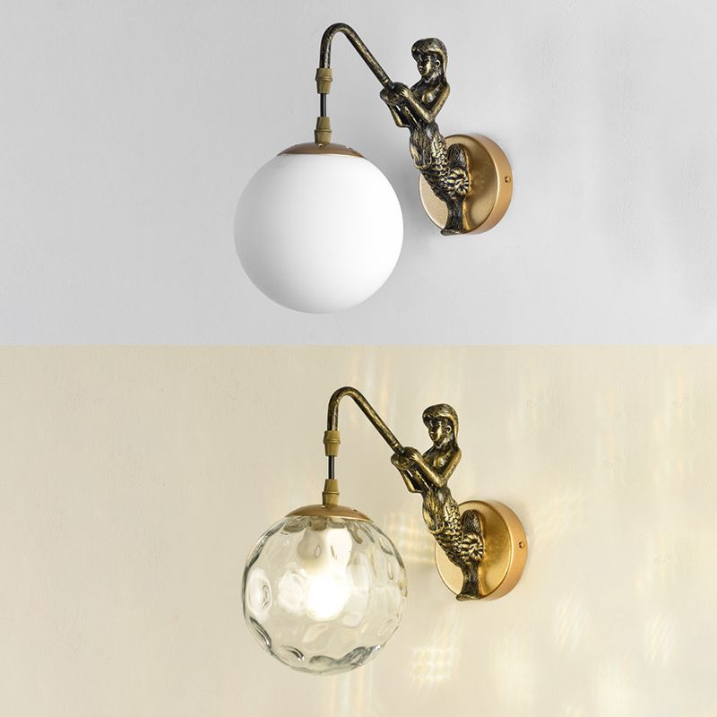 Simplicity Style Glass Orb Wall Lamp Creative Mermaid Shaped Single Bulb Metal Sconce Light for Staircase Corridor