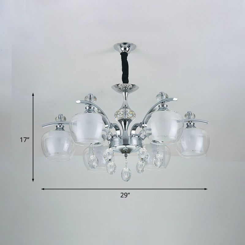 Chrome Sputnik Hanging Chandelier Modern Clear Glass 6-Light Bedroom Pendant with Crystal Drop