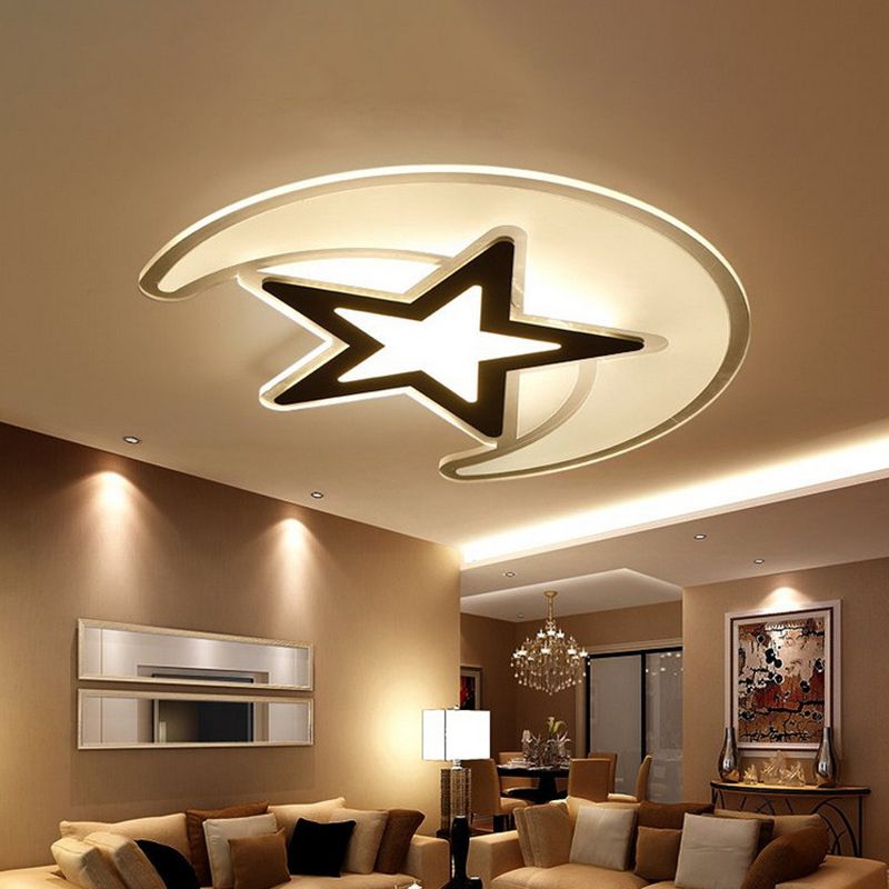 Moon and Star LED Ceiling Lighting Nordic Acrylic White Flush Mount Lamp in Warm/White Light, 16.5"/20.5"/31" W