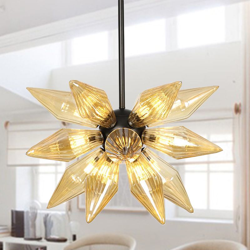 12 Bulbs Bedroom Chandelier Lighting Contemporary Black Hanging Ceiling Lamp with Diamond Amber Glass Shade