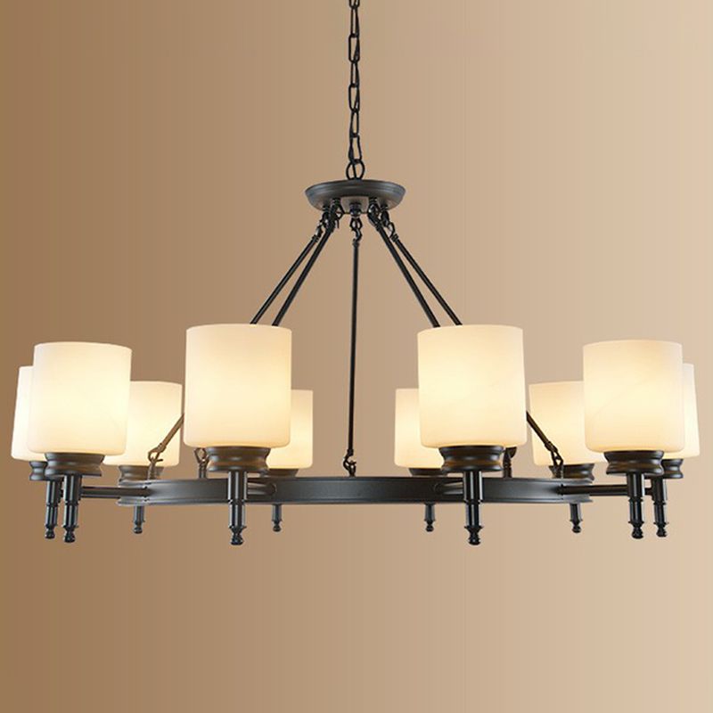 Retro Cylinder Shaped Chandelier Light Opal Glass Pendant Light Fixture for Living Room