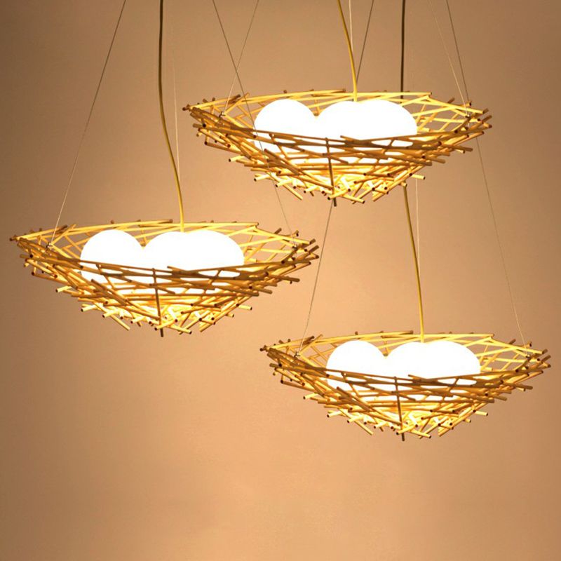 Bamboo Nest Pendant Light Rustic 3-Bulb Beige Chandelier with Egg Ivory Glass Shade
