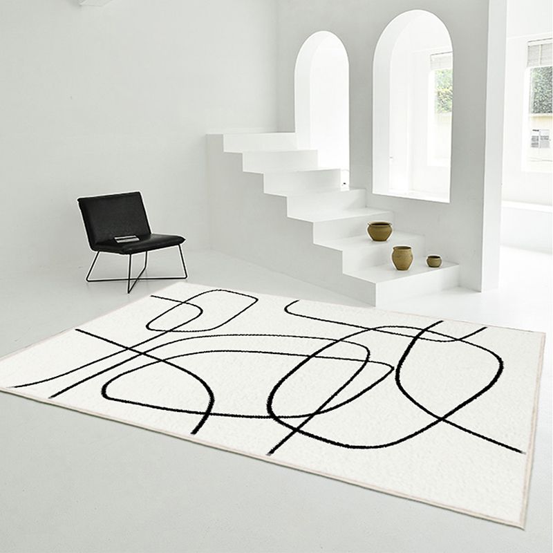 White Tone Casual Area Rug Polyester Lines Print Rug Non-Slip Backing Indoor Rug for Living Room