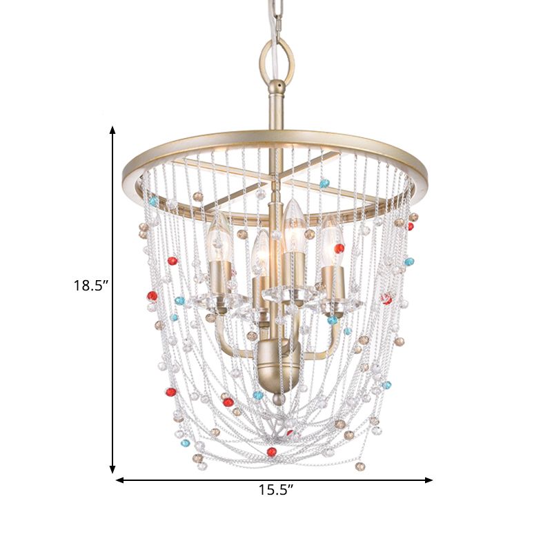 Kaarsen woonkamer kroonluchter moderne metaal 4 koppen goud hangende verlichting met kristal kraal streng decor, 15,5 "/23.5" w